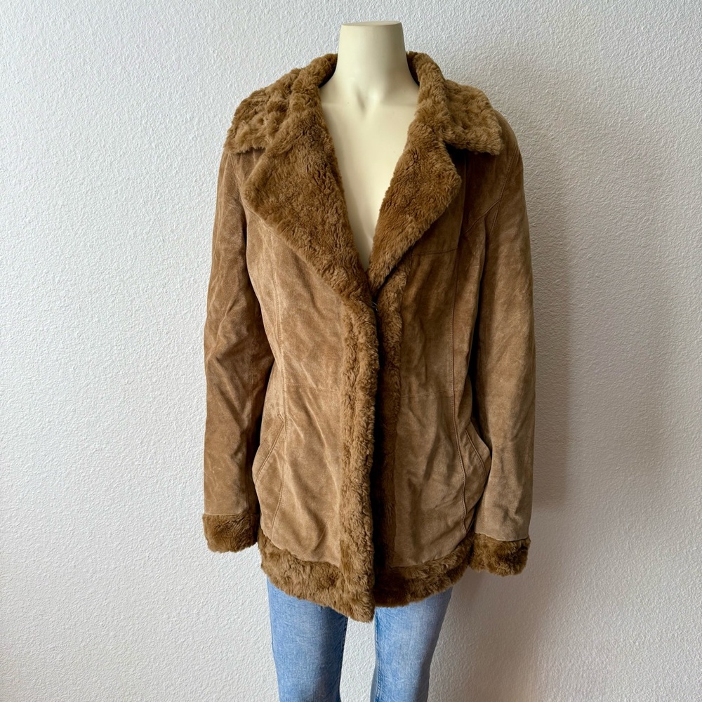 Vintage 90s Penny Lane Tan Suede Leather Faux Fur Jacket Quilted Lining XL